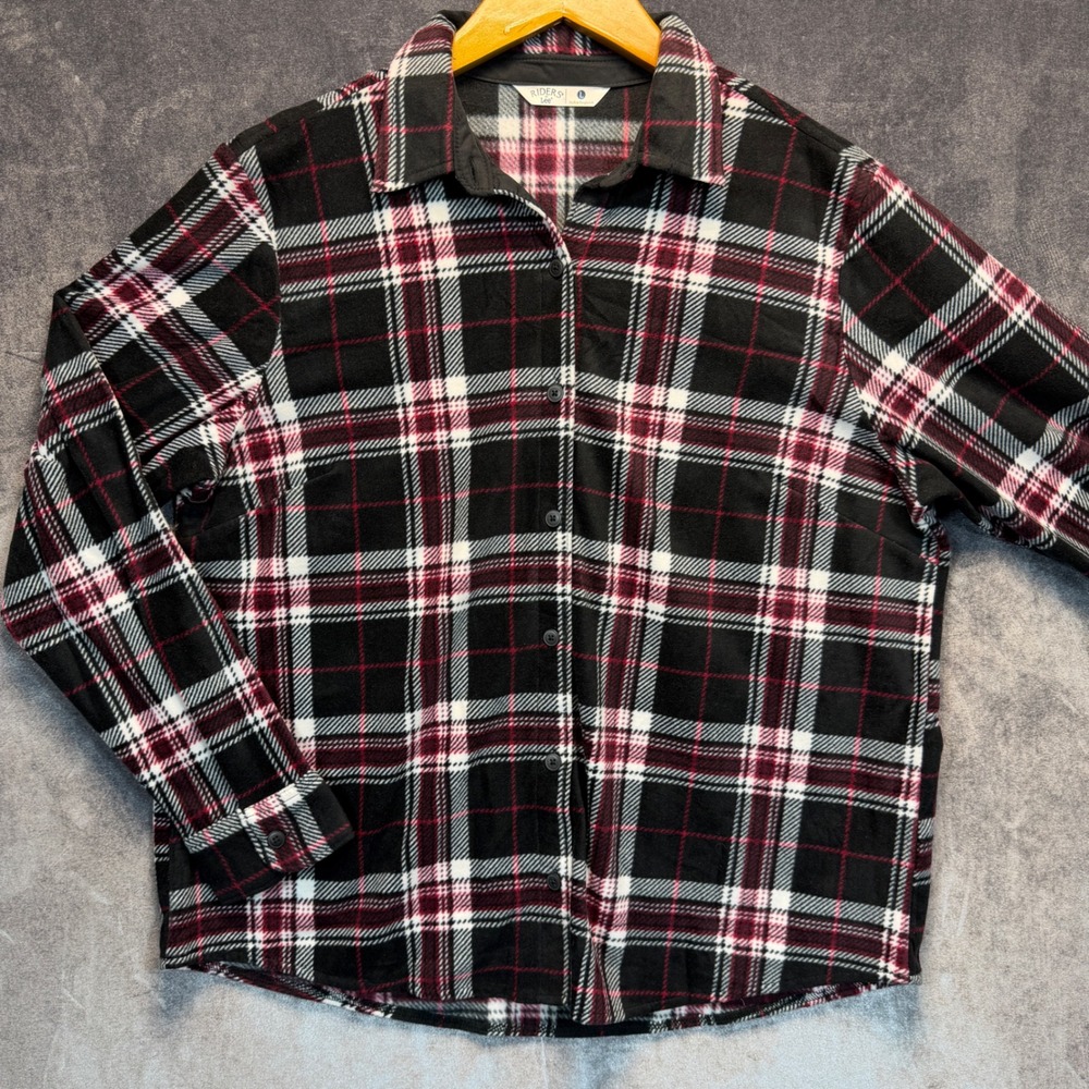 Riders by Lee Fleece Shirt Women L Black Burgundy Plaid Grunge Gorpcore